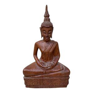 Handmade Wooden Buddha Thai Meditation Statue Spiritual Decor Artisan Carved 9"
